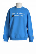 Blue sweatshirt with 'Earth Angel Forward' text on a mannequin against a neutral background.