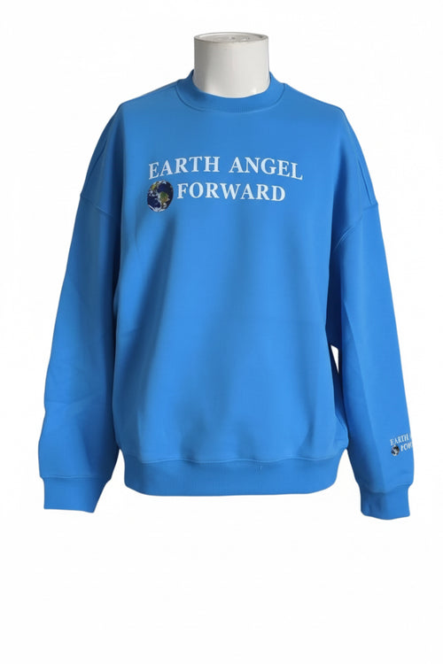 Blue sweatshirt with 'Earth Angel Forward' text on a mannequin against a neutral background.